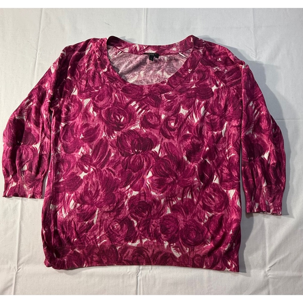 Talbots Silk Cotton Floral Rose Sweater Magenta Pink Woman Petites 1X P Scoop